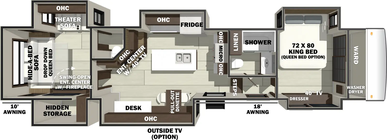 The RIVERSTONE 442MC floorplan has one entry and six slide outs. Exterior features include: fiberglass exterior, 18' & 10' awning and  outside entertainment. Interiors features include: kitchen island, front bedroom, rear living and bathroom and a half.